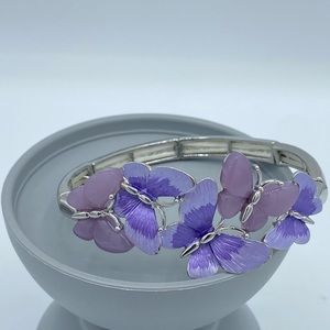 Equilibrium Silver Tone Purple Butterfly Stretch Bracelet Acrylic Whimsical Y2K
